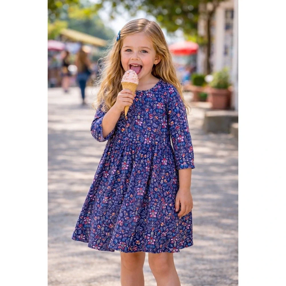 Genuine Kids from‎ OshKosh Girls Floral Dress Blue 3/4 Sleeve Size 5T